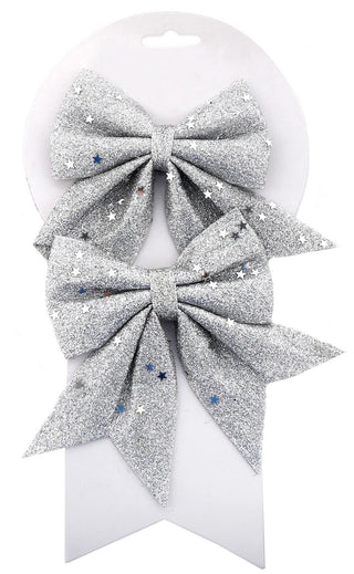 Pack of 2 Silver Glitter Present Bow Decorations - Christmas Tree Bows