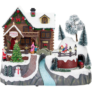 LED Christmas Reindeer Lodge Snow Scene with Movement and Music, 35cm Wide