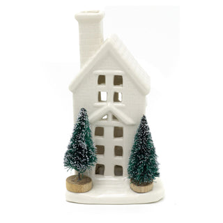 White Ceramic LED Christmas House with Trees Ornament | Light up Decoration 15cm