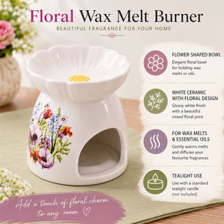 Floral Wax Melt Burner, 11cm White Ceramic Tealight Oil Burner