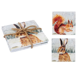 Set Of 2 Winter Woodland Slate Coasters | Rabbit Squirrel Drinks Coaster Set | Animal Square Cup Mug Table Mats