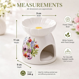 Floral Wax Melt Burner, 11cm White Ceramic Tealight Oil Burner