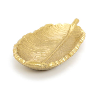 Elegant Gold Metal Feather Trinket Dish | Antique Style Gold Tone Display Plate Vanity Tray | Ring Holder Jewellery Plate