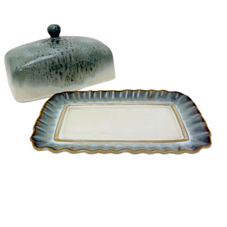 Elements Reactive Glaze Butter Dish, 18x12cm Grey Ceramic Butter Dish with Lid