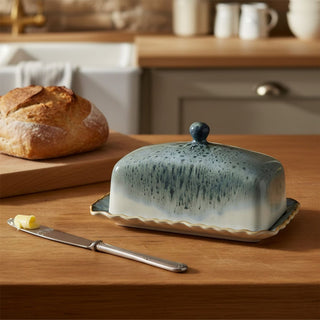Elements Reactive Glaze Butter Dish, 18x12cm Grey Ceramic Butter Dish with Lid