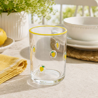 Embossed 410ml Lemon Summer Fruits Drinks Glass, Clear Tumbler with Yellow Rim