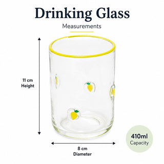 Embossed 410ml Lemon Summer Fruits Drinks Glass, Clear Tumbler with Yellow Rim
