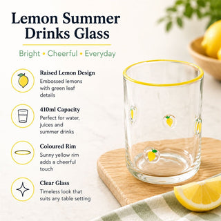 Embossed 410ml Lemon Summer Fruits Drinks Glass, Clear Tumbler with Yellow Rim