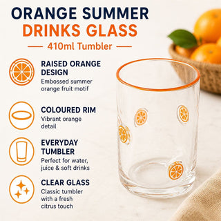 Embossed 410ml Orange Summer Fruits Drinks Glass, Orange Slice Tumbler