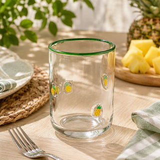 Embossed 410ml Pineapple Summer Fruits Drinks Glass, Green Rim Drinking Glass