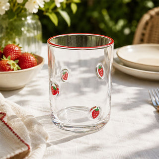 Embossed 410ml Strawberry Summer Fruits Drinks Glass, Red Rim Drinking Glass