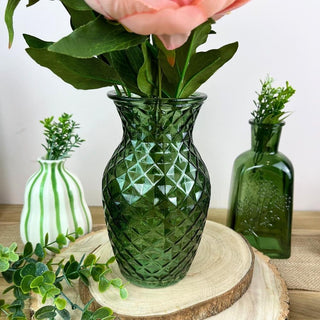 Emerald Green Glass Vase, 19cm Decorative Crystal Cut Faceted Flower Vase