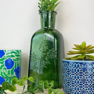 Emerald Green Wildflower Bottle Vase, 19cm Decorative Glass Flower Vase