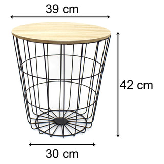 Round Wooden Top Black Wire Occasional Side Table ~ Modern Storage Bedside Table With Lid