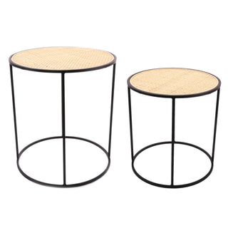 Set Of 2 Round Wooden Woven Top Nesting Side Tables | Occasional Pedestal End Table Nest | Black Metal Seagrass Stacking Tables
