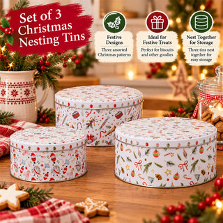 Set of 3 Round Christmas Nesting Tins for Biscuits and Festive Treats