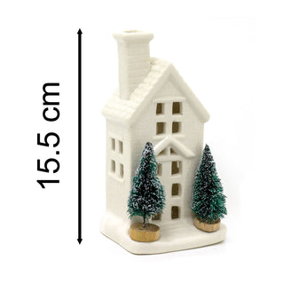 White Ceramic LED Christmas House with Trees Ornament | Light up Decoration 15cm