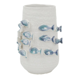 3D Fish Ceramic Vase 21.5cm White Blue Coastal Nautical Decor for Faux Stems