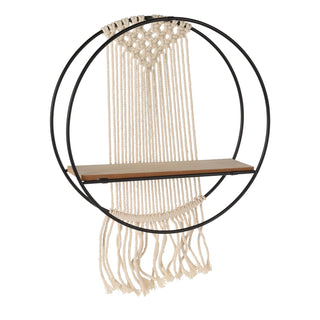 Black Metal And Macrame Round Wall Shelf | Wall Mounted Display Shelf