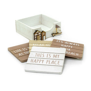 Set of 4 Wooden Seashore Coasters & Beach Hut Holder | Nautical Quotes Coasters
