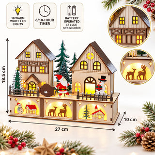 LED Christmas Village Decoration, 27cm Wooden Light Up Houses with 6/18h Timer