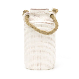 19cm Vintage Style Textured White Vase Stoneware Vase | Rustic Vase Ceramic Vase Flower Vase | Stone Vase With Rope Handle