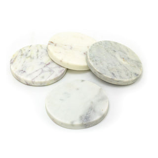 Set Of 4 White Marble Coasters | 4 Piece Round Natural Stone Marble Coaster Set