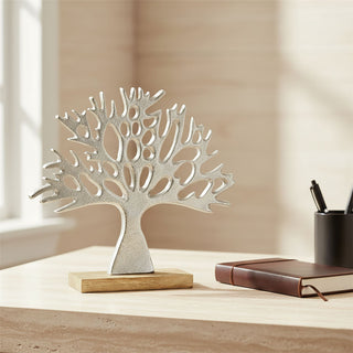 Tree of Life Ornament, 24cm Silver Metal Tree Sculpture on Mango Wood Base
