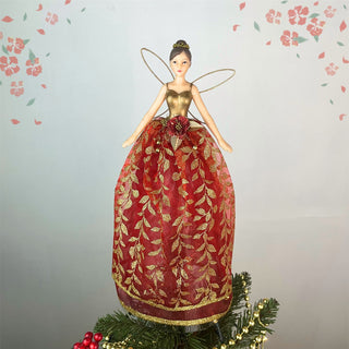 Red Fairy Christmas Tree Topper | Gold Leaf Fairy Angel Tree Ornament - 28cm