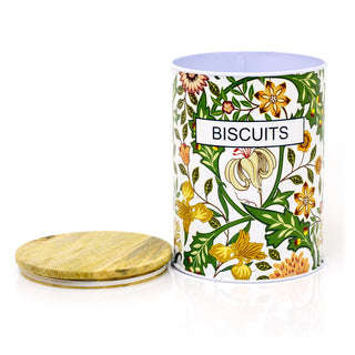 Retro Style Floral Airtight Biscuit Tin With Lid | Botanical Biscuit Barrel With Wooden Lid Metal Cookie Jar | Round Vintage Biscuit Storage Canister With Lid