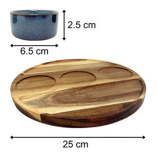Set of 3 Ceramic Snack Bowls with Round Acacia Wood Serving Tray - 25cm