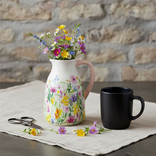 Floral Vase, 18cm Ceramic Flower Jug Multicoloured Pink Handle Spring Home Decor