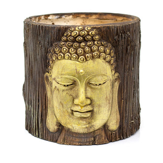 Large Tree Stump Planter With Buddha | Gold Buddha Head Tree Trunk Plant Pot