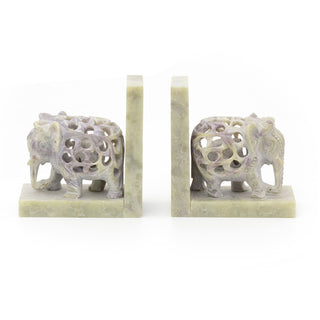 Pair Of Hand Carved Soapstone Indian Elephant Bookends | Handmade Safari Animal Book Ends For Shelves | Set Of 2 Novelty Animal Bookends