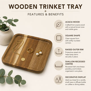 Wooden Trinket Tray, 15cm Acacia Wood Trinket Dish Jewellery Catch-All
