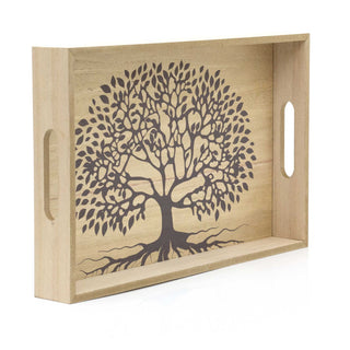 2-piece Tree Of Life Wooden Serving Trays | Set Of 2 Storage Trays With Handles