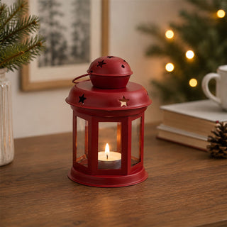 Red Moroccan Tealight Lantern, 13cm Indoor Outdoor Metal Hanging Candle Holder
