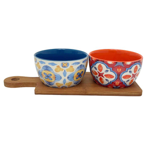 Tuscany Set of 2 Ceramic Snack Bowls with Wooden Paddle Serving Tray - 25cm