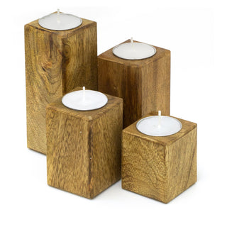 Rustic Set Of 4 Mango Wood Square Tea Light Holders With Votive Candles