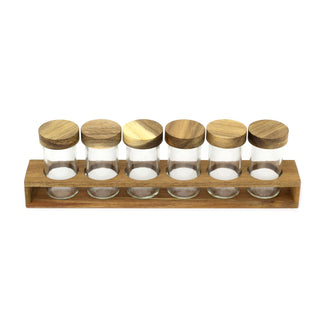 Free Standing Spice Rack & 6 Glass Jars | Set of 6 Glass Jars In Acacia Holder