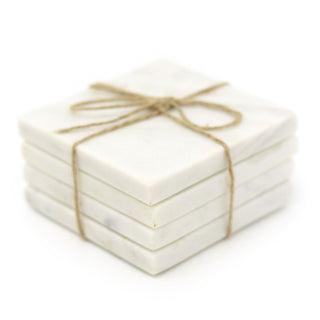 Set Of 4 White Marble Coasters | 4 Piece Square Natural Stone Marble Coaster Set