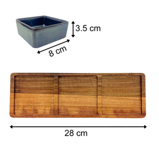 Set of 3 Square Ceramic Snack Bowls with Acacia Wood Serving Tray - 28cm