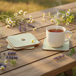 Set of 4 Bee Coasters, 10.5cm Cork Backed Green Drinks Coaster Set