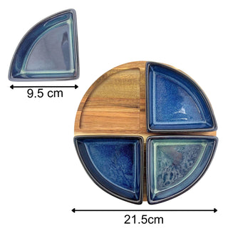 Sectioned Ceramic Snack Platter Set with Round Acacia Serving Tray - 21.5cm