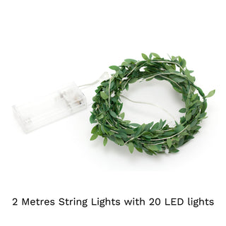 2m Artificial Green Leaf Fairy String Lights Garland | 20 Led Warm White Wedding Festoon Vine Chain | Foliage Battery Operated Lights