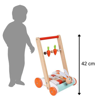 Janod Rabbit Pushcart with Blocks | Wooden Push Along Baby Walker | Age 12m+