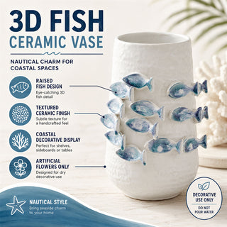 3D Fish Ceramic Vase 21.5cm White Blue Coastal Nautical Decor for Faux Stems