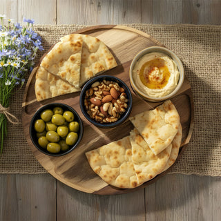 Set of 3 Ceramic Snack Bowls with Round Acacia Wood Serving Tray - 25cm