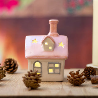 Christmas LED House Ornament | Pink Roof Ceramic LED House Light up Decoration