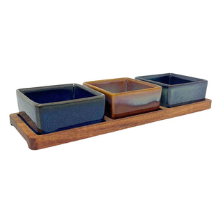 Set of 3 Square Ceramic Snack Bowls with Acacia Wood Serving Tray - 28cm